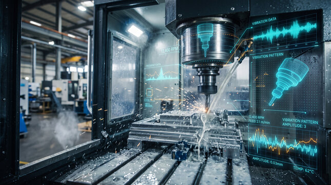 CNC machine works with digital analytics overlay showing vibration data. Precision engineering and smart factory concept for automated production.