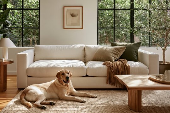 Sunlit contemporary lounge featuring a calm Labrador resting on a couch