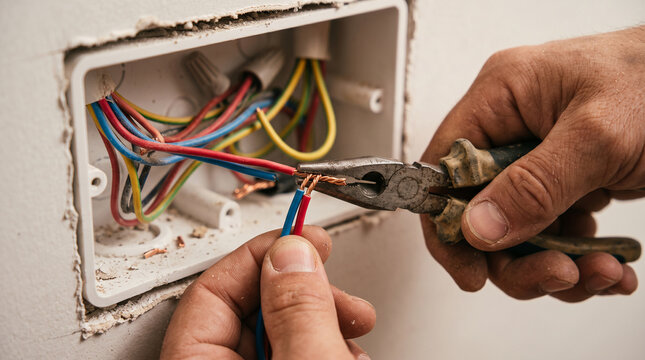 Detailed close-up of an electrician connecting colorful copper wires inside a modern wall junction box. Expert using metal pliers during residential electrical installation.