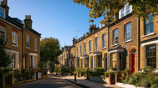 Historic residential terraces with front gardens under a vibrant sky