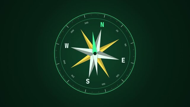Digital compass animation showing needle movement and direction changes with glowing green dial and dark background