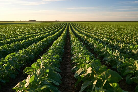 Green crops in orderly rows across a rural farmland landscape