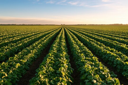 Wide cropland stretching to the horizon at golden hour