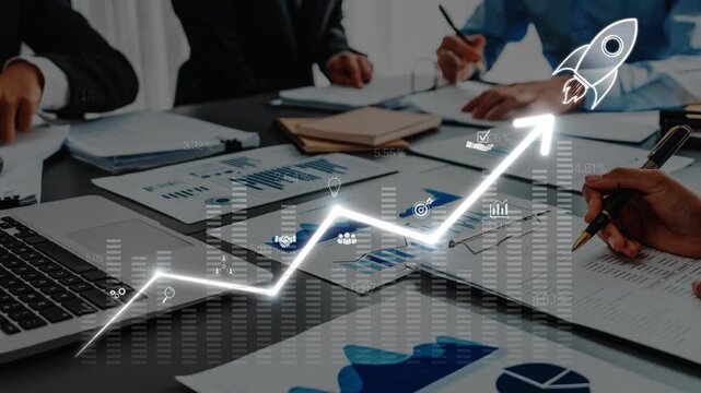 A business meeting scene showcasing professionals analyzing graphs and data on a table, emphasizing growth and innovation, illustrated by a rocket graphic. Raster