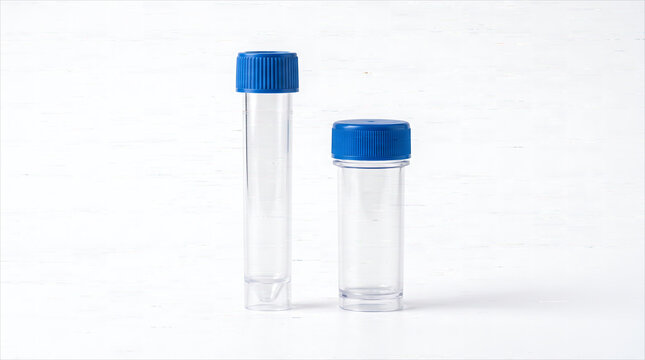 Two empty clear plastic specimen containers with blue screw caps, test tube and sample cup, on white background