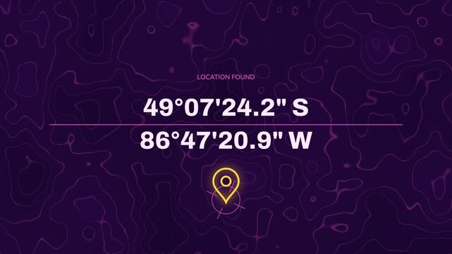 Digital map interface displays GPS coordinates changing from locating to found with a pin marker on a topographic background