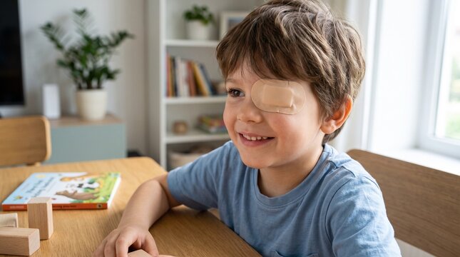 Smiling Boy Wearing Eye Patch For Amblyopia Treatment - Lazy Eye Treatment Patch Smiling Boy 