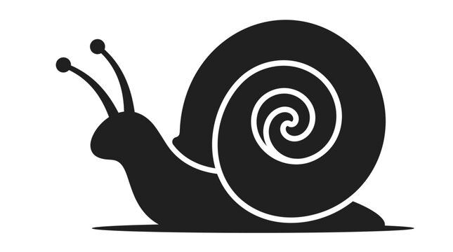 Black and white silhouette of a single garden snail crawling with spiral shell
