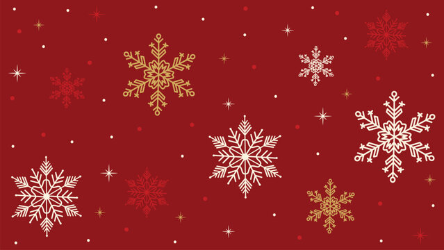 Festive red christmas background with gold and white line art snowflakes pattern