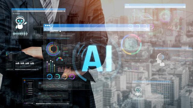 Business professional with digital interface showcasing artificial intelligence technology and data analytics against a city skyline background Sigmoid