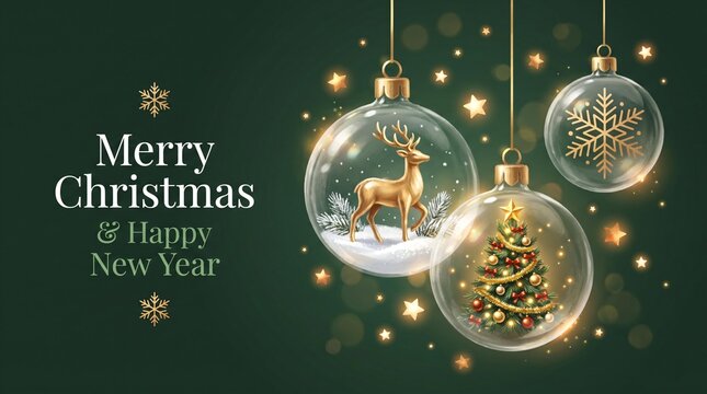 Christmas card background - christmas tree, deer, christmas balls and golden decorations on green background with shining lights - vector illustration