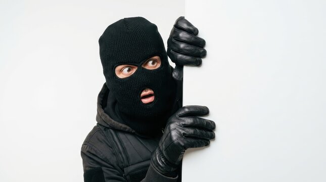 Burglar in Black Balaclava and Gloves Peeking Around a White Wall Corner, Concept of Crime and Security