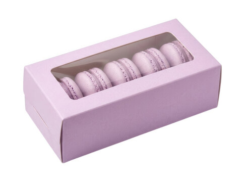 Box of gourmet purple macarons with clear window display isolated on transparent background for bakery and confectionery marketing