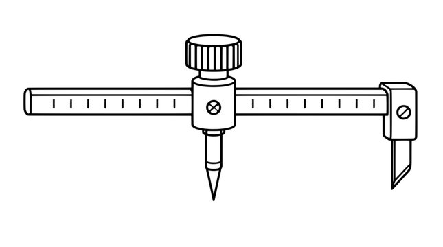 Circle cutter hand tool for drywall panels, featuring a calibrated measurement bar, sharp rotary blade, and center pivot pin, drawn as a construction vector icon for cutting round holes