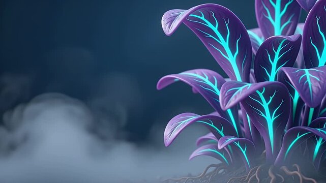 Fantasy Purple Plant with Glowing Cyan Leaf Veins and Exposed Roots beside Drifting Mist on a Deep Blue Background