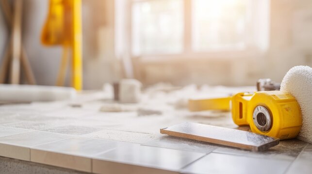 Professional Remodeling Scene with Home renovation project with tile cutting tools and dust home