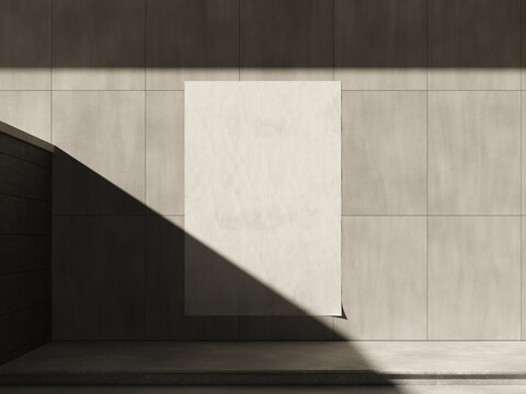 Blank wheatpaste poster glued on a sunlit stone wall 3D render