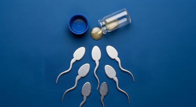 Spermatozoa conceptual representation with metallic silver figures swimming toward golden liquid spilling from small glass vial container