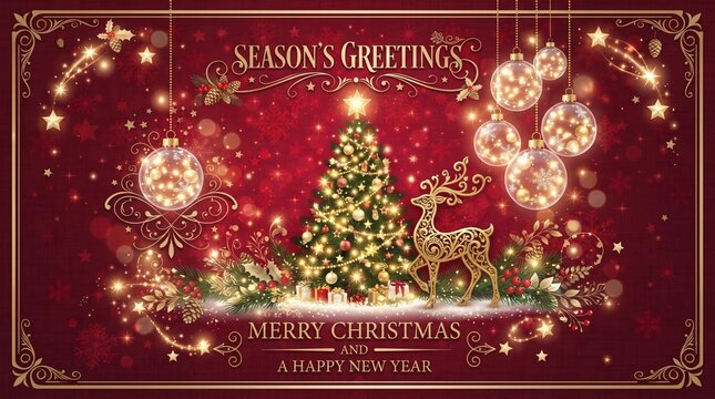 Christmas card red background with transparent glass baubles, christmas tree, golden deer, shining lights and stars decorations - elegant holiday vector ...