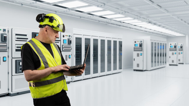 Power management data center controls electricity supply to factories and cities. Engineer monitors electrical distribution cabinets using a laptop.