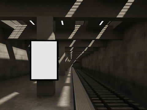 Blank backlit lightbox on a concrete column in a subway station 3D render