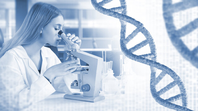 DNA research and disease treatment discovery. Female scientist studies genetic structures under a microscope to investigate mutations and develop new medical therapies.