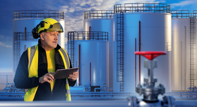 Oil storage facility, industrial worker inspects fuel tanks and pipeline equipment using a tablet while monitoring safe operation and maintenance.