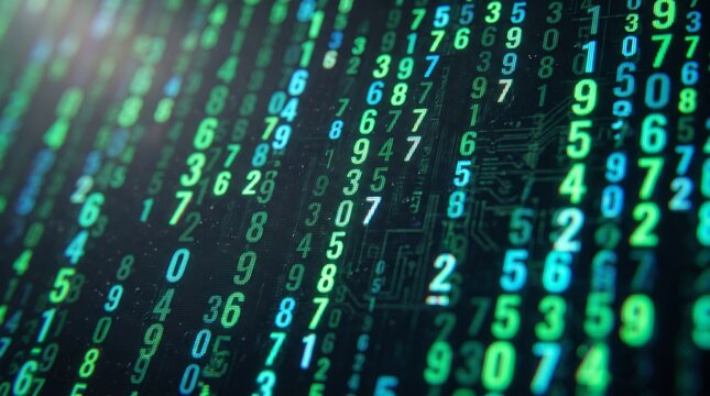 numbers, matrix, digital, code, data background showing glowing green computer screen digits and programming concepts for cyber security.