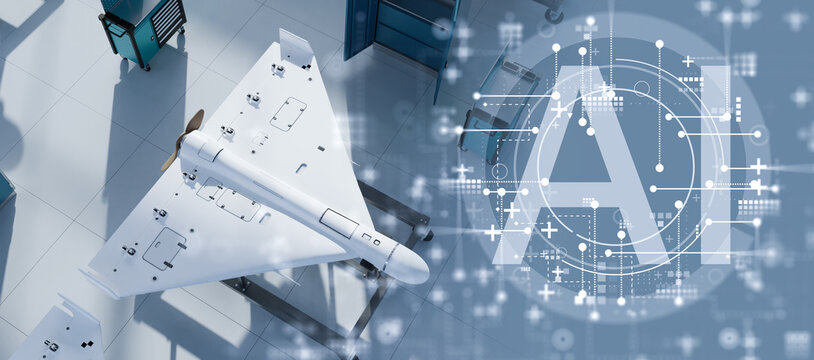Military drone production, unmanned aerial vehicle is assembled and tested in a modern factory using artificial intelligence and automated technology.