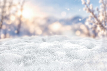 Frosty winter landscape with snow covered copy space – blue Christmas greeting card background.