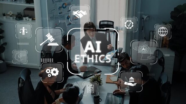 A diverse team of professionals engage in a strategic meeting focused on AI ethics, discussing guidelines and principles for responsible technology use in a modern office environment. Raster