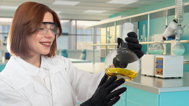 Chemical laboratory research, scientist analyzes a liquid sample in glassware while conducting experiments with laboratory equipment and chemical processes.