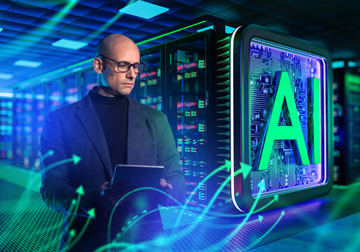 Artificial intelligence data center, IT engineer monitors AI computing servers, digital infrastructure and machine learning systems using a tablet.