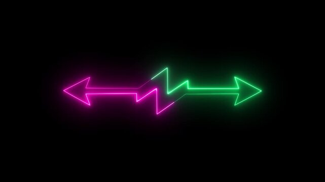 Neon glowing arrows pointing in opposite directions on black background