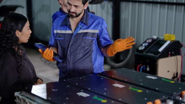 Asian woman customer asks questions and gestures over an EV battery pack while a bearded technician with a tablet answers, opening his gloved hand toward the modules