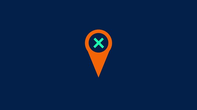 Orange map pin icon with a green x symbol on dark blue background