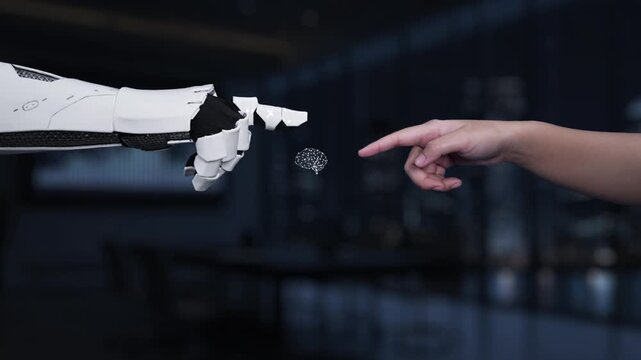 A human hand reaches towards a robotic arm, symbolizing the fusion of technology and human intelligence, set against a backdrop of digital analytics and modern office decor. Synapse