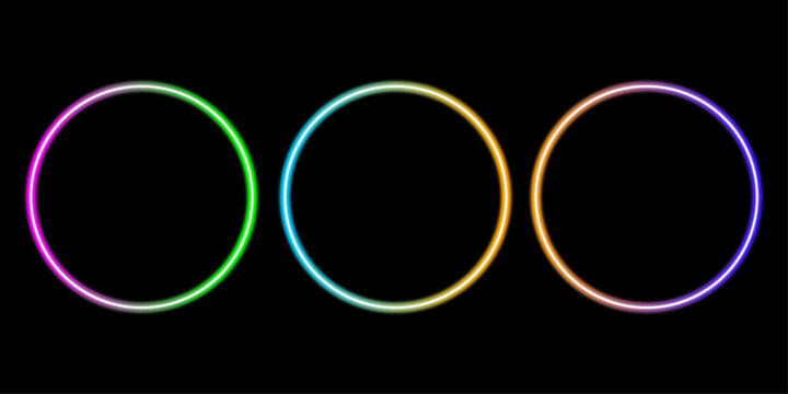 Three glowing neon circles with vibrant gradient colors isolated on a solid black background