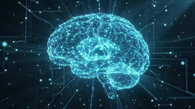 Glowing neural network transmitting electrical impulses across synapses within a human brain graphic rendering representing artificial intelligence and advanced cognitive science research concepts in 