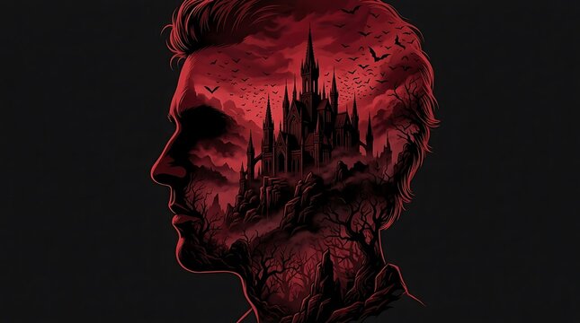 Man's silhouette with gothic castle and eerie forest during twilight concept art