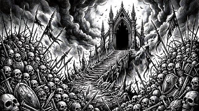 Skeleton army marching towards a gothic cathedral under a stormy sky a scene of macabre conquest and dark fantasy