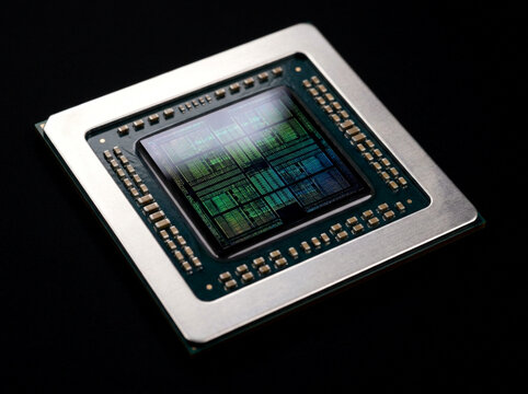 Advanced computer microchip processor on dark surface macro view