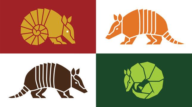 Armadillo vector collection featuring four colorful minimalist animal illustrations in various dynamic postures