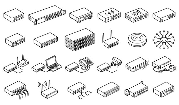Isometric Network Switch Router Devices Stackable Mesh Nodes Hardware and Cables Vector Icon Set