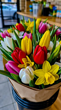 A vibrant bouquet of tulips in a paper-lined bucket