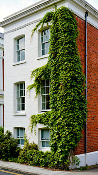 A white building with a red brick wall and ivy growing on it