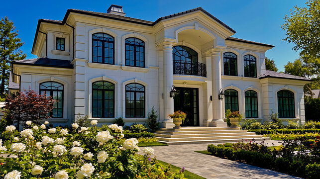 A large two-story house with a symmetrical facade featuring multiple windows and a central entrance with a balcony above
