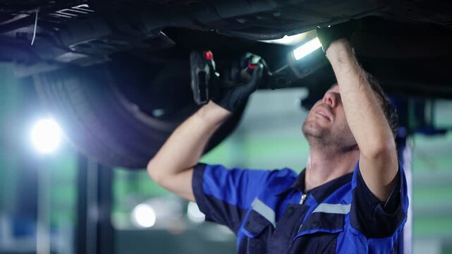 Technician in blue raises a bright inspection light to the underside of a car on a two post lift, looking up as he traces the chassis and holds a power tool in his other hand