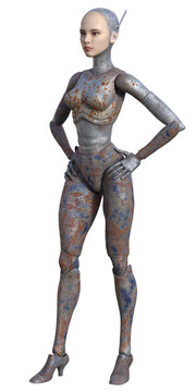 Anthropomorphic gynoid robot with rusty surfaces and beautiful face standing in akimbo pose. 3d rendering on transparent background, no AI used