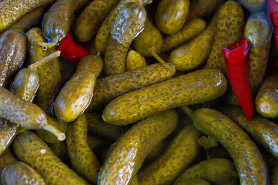 Pickled green cucumber gherkins background. Fermented organic vegetable texture with red pepper